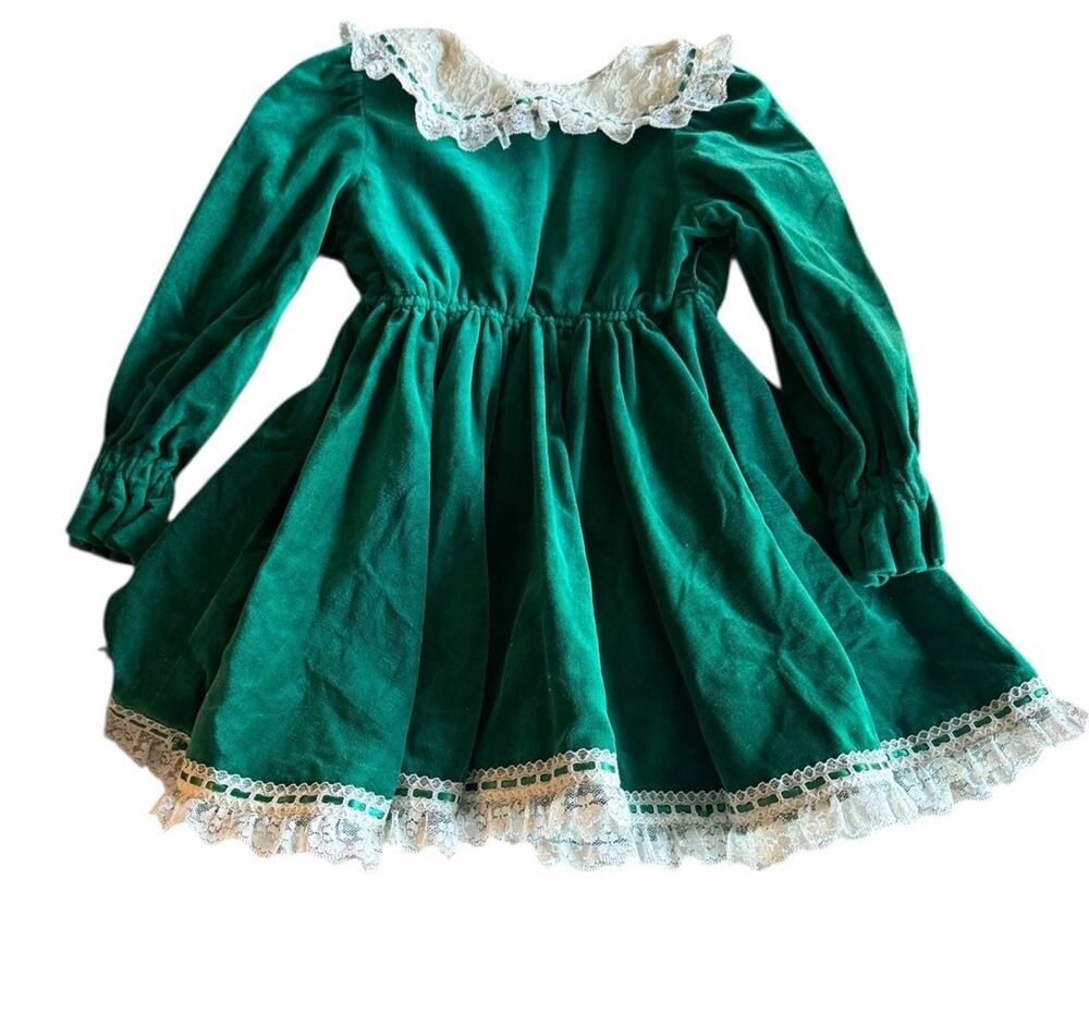 Vintage Handmade Green Velvet Holiday Dress Toddler 3T Lace Collar Christmas